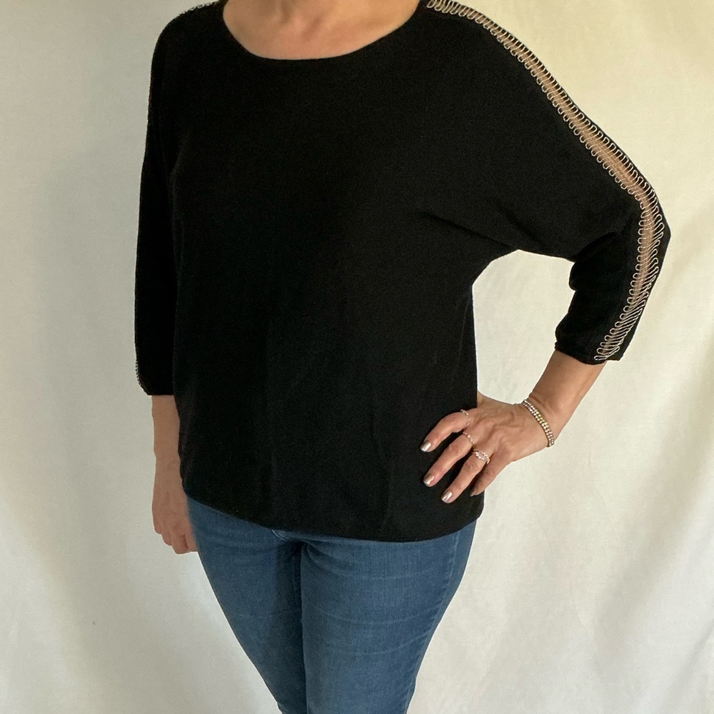 Chic Black knit Top with silver Spiral Sleeve Accent